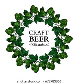 Hop plant vector wreath  drawing illustration. Hand drawn artistic beer hopes with leaves on branch. Vintage isolated object on white background. Engraved element for label, banner, menu, oktoberfest