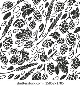 Hop and seed. Vector seamless pattern. Graphic sketch monochrome illustration on white background. Texture abstract print for brewery, bar. Nature farmer crop
