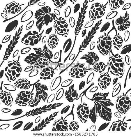 Hop and seed. Vector seamless pattern. Graphic sketch monochrome illustration on white background. Texture abstract print for brewery, bar. Nature farmer crop
