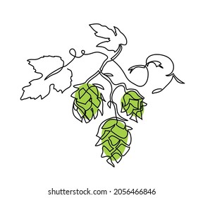 Hop Twig Vector Sketch. One Continuous Line Art Drawing Of Green Cones. Branch Of Hops, Minimalist Art Illustration. For Beer Or Ale Label Design.