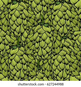 Hop vector seamless pattern. Hand drawn artistic beer green hopes with leaves on white background. Vintage wallpaper. Great drawing decor for oktoberfest or packaging