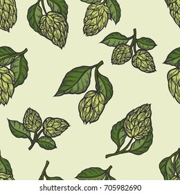 Hop vector seamless pattern. Hand drawn artistic beer green hops with leaves on white background. Vintage wallpaper