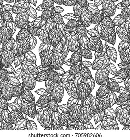 Hop vector seamless pattern.Black hand drawn artistic beer hop branch with leaves on white background. Engraved style vintage wallpaper. Great drawing decor for oktoberfest or packaging