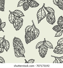 Hop vector seamless pattern.Black hand drawn artistic beer hop branch with leaves on white background. Engraved style vintage wallpaper. Great drawing decor for oktoberfest or packaging