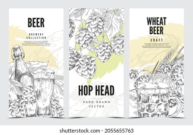 Hop and wheat beer cards collection, hand drawn engraving vintage style vector illustration isolated. Brewery vertical banners or flyers templates set.