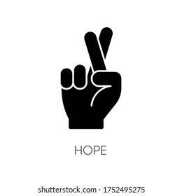 Hope Black Glyph Icon. Crossed Fingers For Luck. Optimistic Outlook. Positive Mental Attitude. Good Expectation. Promise For Possibility. Silhouette Symbol On White Space. Vector Isolated Illustration