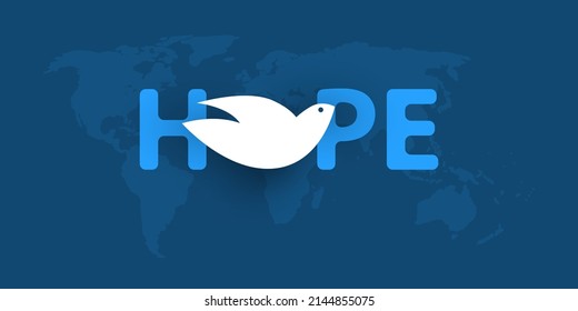 Hope - Blue Minimalist Lettering, Banner with White Peace Pigeon - Vector Design Concept