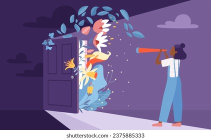 Esperanza para un futuro brillante, visión de una nueva ilustración de vector de oportunidad. Caricatura mujer mirando a través de cristales de espías con curiosidad a puerta abierta, flores de verano jugosas, luz como símbolo de éxito en la puerta