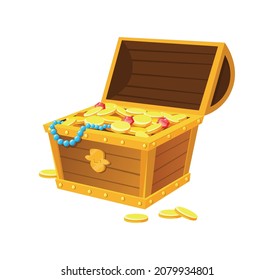 Hope chest. Open treasures case with bullion and medieval cash cartoon vector isolated on white background