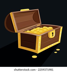 Hope chest. Open treasures case with bullion and medieval cash cartoon vector isolated on white background