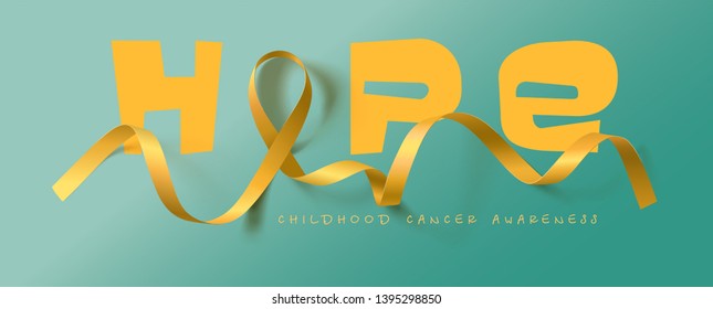 Hope. Childhood Cancer Awareness Calligraphy Poster Design. Realistic Gold Ribbon. September is Cancer Awareness Month. Vector