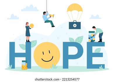 Hope Concept Banner Vector Illustration. Cartoon Tiny Volunteers Holding Jar With Gift Hearts, Money Coin And Megaphone, People Announce Social Campaign For Humanitarian Aid, Donation And Help