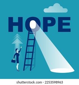 Hope concept. The businesswoman looks up with hope. Stairway up. Light of future. Striving for growth and inspiration. Motivational template for web. New opportunity. Vector illustration flat design.