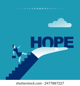 Hope concept. The businesswoman looks up with hope. Stairway up. Light of future. Striving for growth and inspiration. Motivational template for web. New opportunity. Vector illustration flat design.