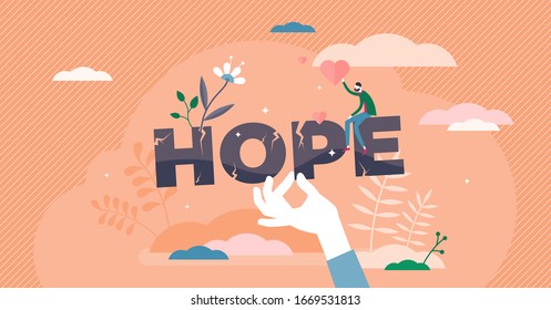 Hope concept, flat tiny person vector illustration. Believing in better future and holding faith. Positive vision mind set and inner strength. Attitude for life. Scene with man holding heart symbols.