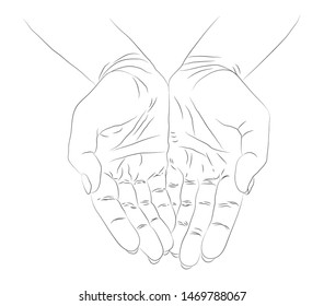 Hope concept. Hand drawn open palms Black and white vintage hands. Vintage figure. Linear graphic design.