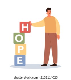 Hope concept. New beginning and faith in the future, support and kindness. Character find a way out of difficulties, recovery and salvation idea. Flat vector illustration.