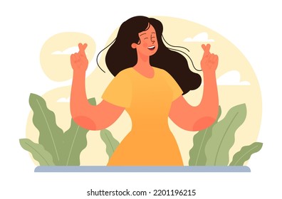 Hope concept. New beginning and faith in the future, support and kindness. Character wishing, praying for the best. Positive mindset. Flat vector illustration.