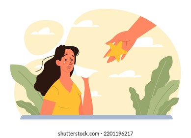 Hope concept. New beginning and faith in the future, support and kindness. Character wishing, praying for the best. Positive mindset. Flat vector illustration.