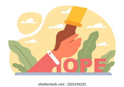 Hope concept. New beginning and faith in the future, support and kindness. Character wishing, praying for the best. Positive mindset. Flat vector illustration.