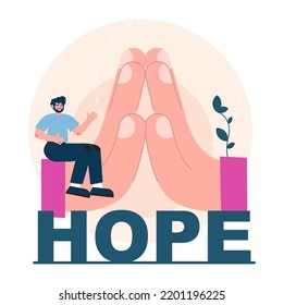 Hope concept. New beginning and faith in the future, support and kindness. Character wishing, praying for the best. Positive mindset. Flat vector illustration.