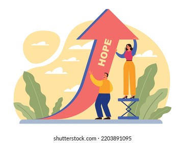 Hope concept. New beginning and faith in the future, support and kindness. Character wishing, praying for the best. Positive mindset. Flat vector illustration.