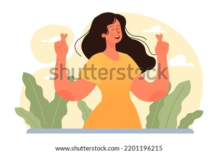Hope concept. New beginning and faith in the future, support and kindness. Character wishing, praying for the best. Positive mindset. Flat vector illustration.