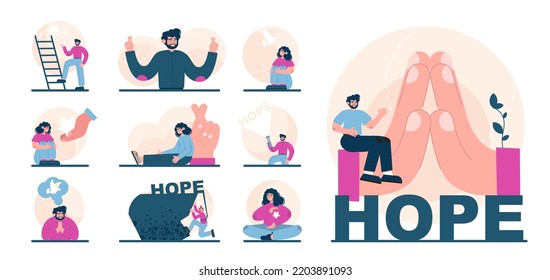 Hope concept set. New beginning and faith in the future, support and kindness. Character wishing, praying for the best. Positive mindset. Flat vector illustration.