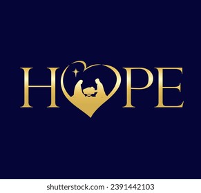 HOPE concept with silhouettes christian Nativity in heart. A Child is Born, celebrate Christmas - church social media banner template. Vector illustration