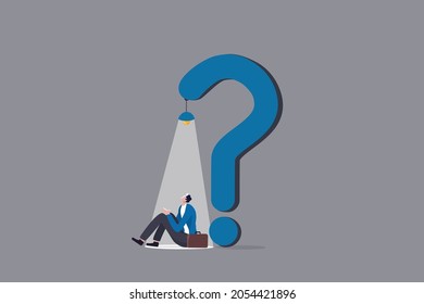 Hope in crisis, solution or opportunity in problem or difficulty, idea discovery to solve trouble concept, depressed businessman just discover light of hope and opportunity from question mark problem.