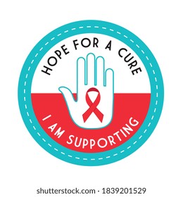 Hope for a cure world aids day with ribbon on hand in seal stamp design, first december and awareness theme Vector illustration