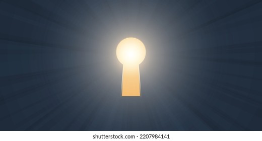 Hope, Curiosity or New Solution, Freedom Concept - Key Hole on Dark Blue Wall with Shiny Bright Light Coming Through from Outside - Template for Business,Vector Design, Illustration in Editable Format