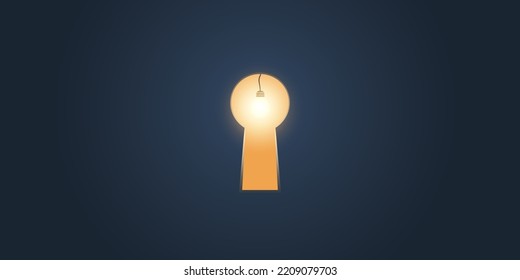 Hope, Curiosity Or New Solution, Idea Concept - Key Hole On Dark Blue Wall With Glowing Light Of A Bulb Coming Through From The Other Side - Template For Business, Vector Design In Editable Format