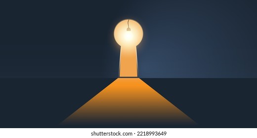 Hope, Curiosity or New Solution, Idea Concept - Key Hole Shaped Exit, Way Out on Dark Blue Wall with Glowing Light of a Bulb Coming Through from the Other Side - Template for Business, Vector Design 