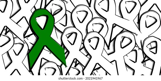 Hope, emerald green ribbon for scoliosis, mental health symbol and transplantation, organ donation. Liver cancer awareness day or month.  Solidarity or support concept. transplant, organ donors.