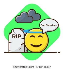 Hope Emoji with Bubble Message and Tombstone with RIP Title and Black Clouds Vector Illustration. Flat Cartoon Style Suitable for Sticker.