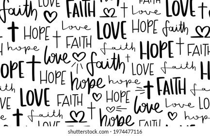 Hope faith love hand lettering texts religious concept seamless pattern texture background design for fashion graphics, textile prints, decors, wallpapers etc