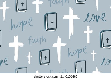 Hope faith love words. Christian cross religious symbol drawings. Religion background. Seamless pattern repeating texture design. For fashion graphics, textile prints, fabrics.