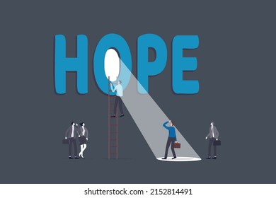 Hope or faith to success, positive thinking or business challenge, belief or optimistic for better bright future, solution concept, businessman climb up ladder in the dark to see light beam hope.