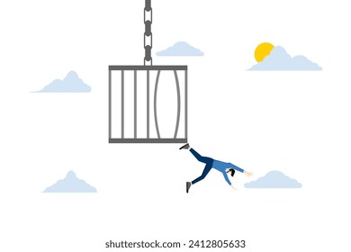 hope and freedom concept, businessman courage to escape from the bird cage, jump and fly, Courage to escape for freedom, get out of comfort zone to look for a new job, open mind for a better life.
