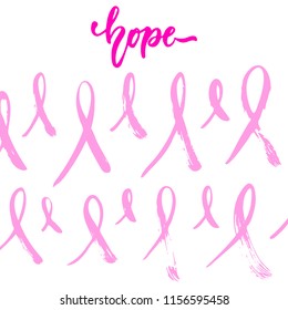 Hope - hand drawn October Breast Cancer Awareness Month lettering phrase with pink ribbons isolated on white background. Brush ink vector quote for banners, greeting card, poster design