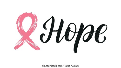 Hope hand sketched lettering logo decorated by pink brush ribbon. October breast cancer awareness month vector concept.