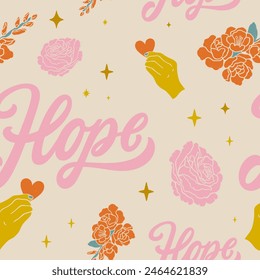 Hope handgeschriebener strukturierter Schriftzug mit Hand halten Herz und Blumen nahtlose Muster. Retrororosa, orange, beige Farben Hintergrund.