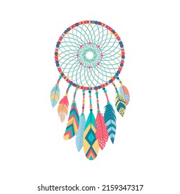 Hope of horsehair mesh and feathers, dreamcatcher aztec symbol isolated color icon. Vector dreamcatcher small hoop of feathers, tribal gypsy mascot. Indians native americans decoration, ethnic art