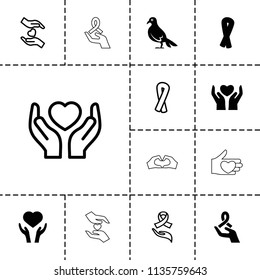 Hope icon. collection of 13 hope filled and outline icons such as ribbon, heart on hand, hands holding heart, ribbon on hand. editable hope icons for web and mobile.