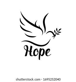 Hope icon with dove and olive leaf. Peace symbol. Vector illustration.