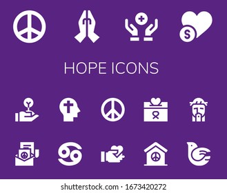 hope icon set. 14 filled hope icons. Included Peace, Prayer, Donation, Charity, Freedom, Cancer, Faith, Give love, Dove, Jesus icons
