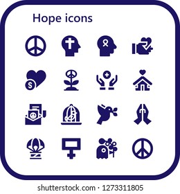  hope icon set. 16 filled hope icons. Simple modern icons about  - Peace, Faith, Hope, Give love, Charity, Donation, Shelter, Dove, Prayer, Humanitarian, Pigeon