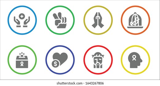 hope icon set. 8 filled hope icons.  Simple modern icons such as: Donation, Peace, Charity, Prayer, Jesus, Dove, Hope