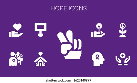 hope icon set. 9 filled hope icons.  Simple modern icons such as: Peace, Shelter, Pigeon, Donation, Hope, Freedom